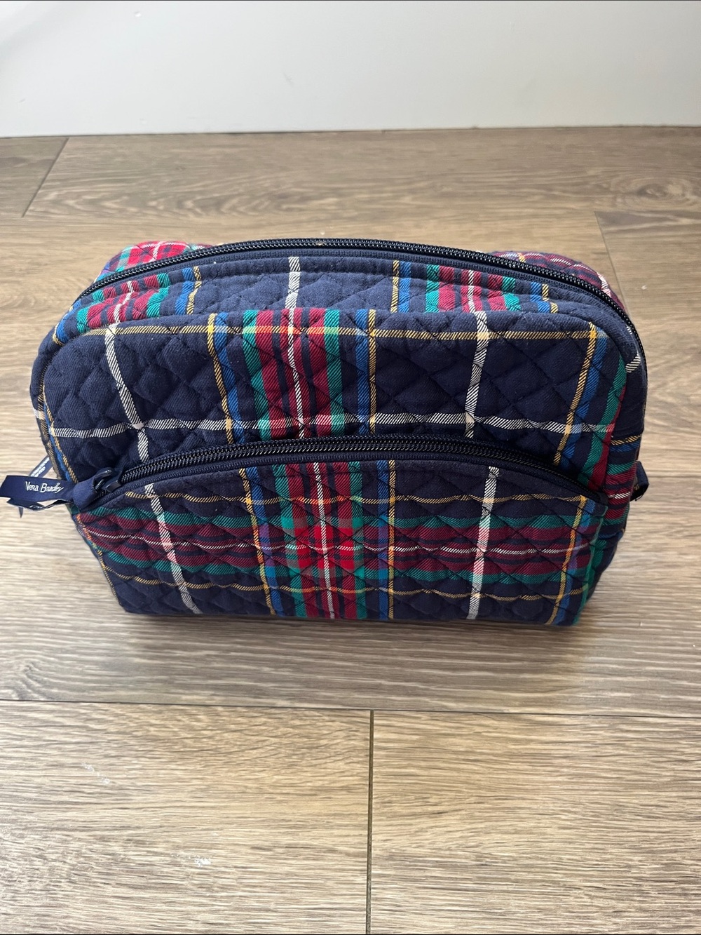 Vera Bradley Navy Plaid Quilted Cosmetic Case with Multicolor Accents